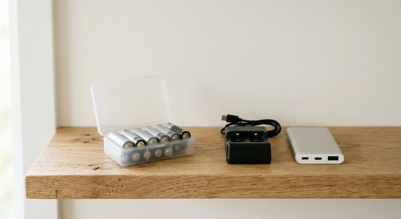 A small box of AA and AAA batteries with a battery charger and a power bank on a shelf