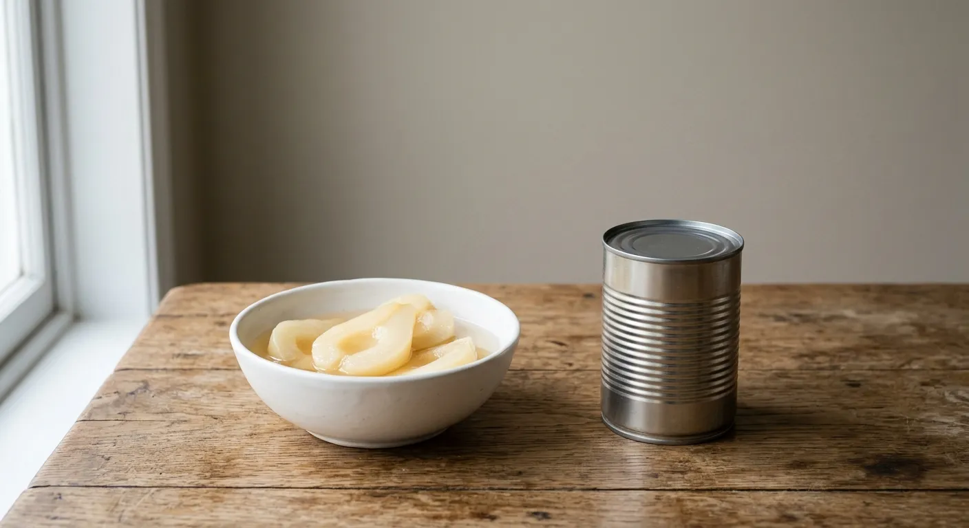 An open bowl of canned pear halves beside a plain tin on a kitchen table