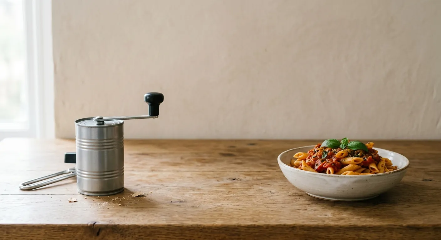 A plain tin of pasta in sauce next to a bowl and a can opener on a kitchen counter