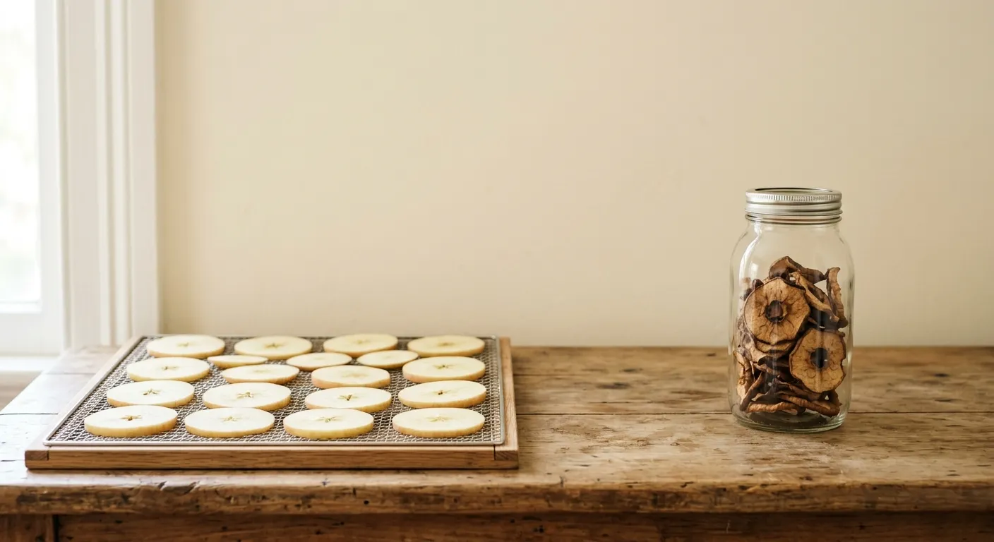 Apple rings in a single layer on a dehydrator tray beside a glass jar of finished dried rings