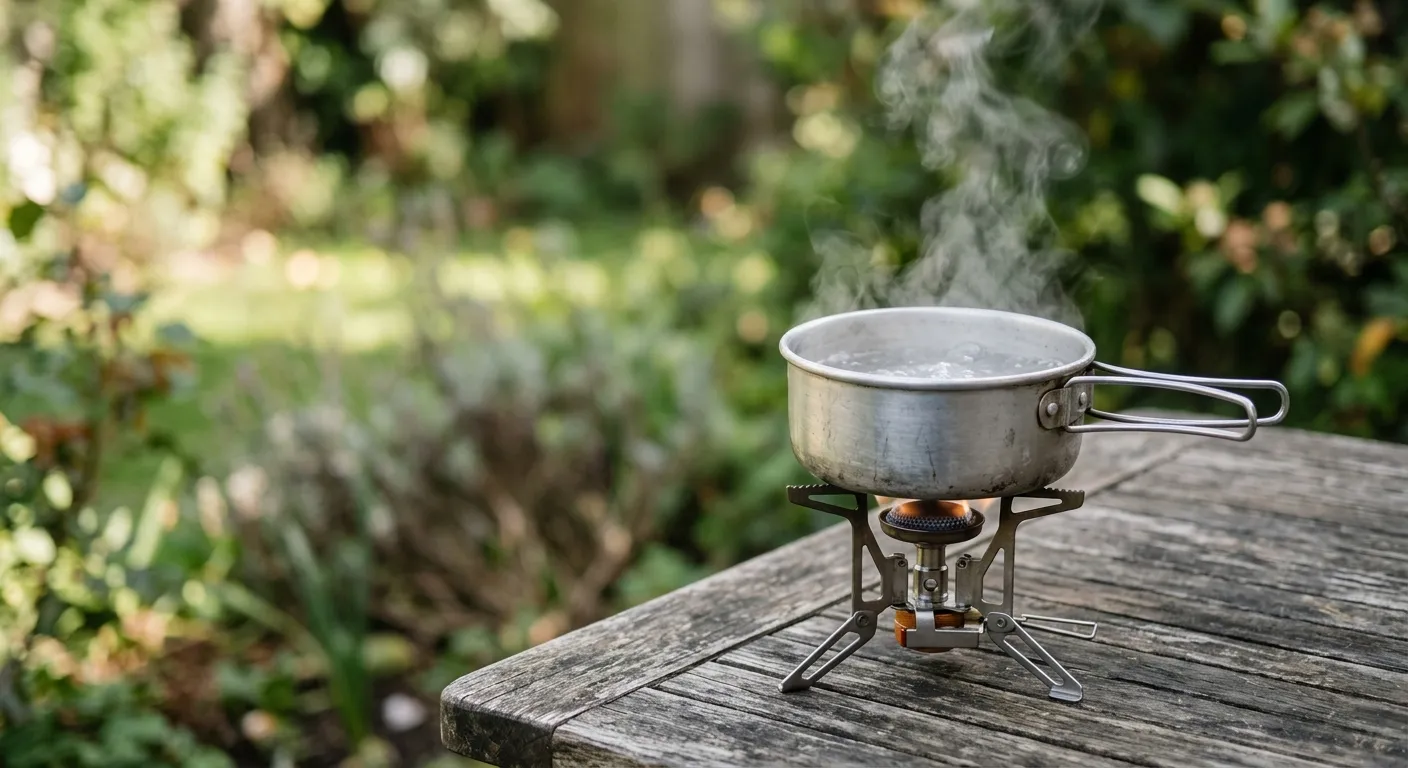 A small camping stove boiling a pan of water on an outdoor table