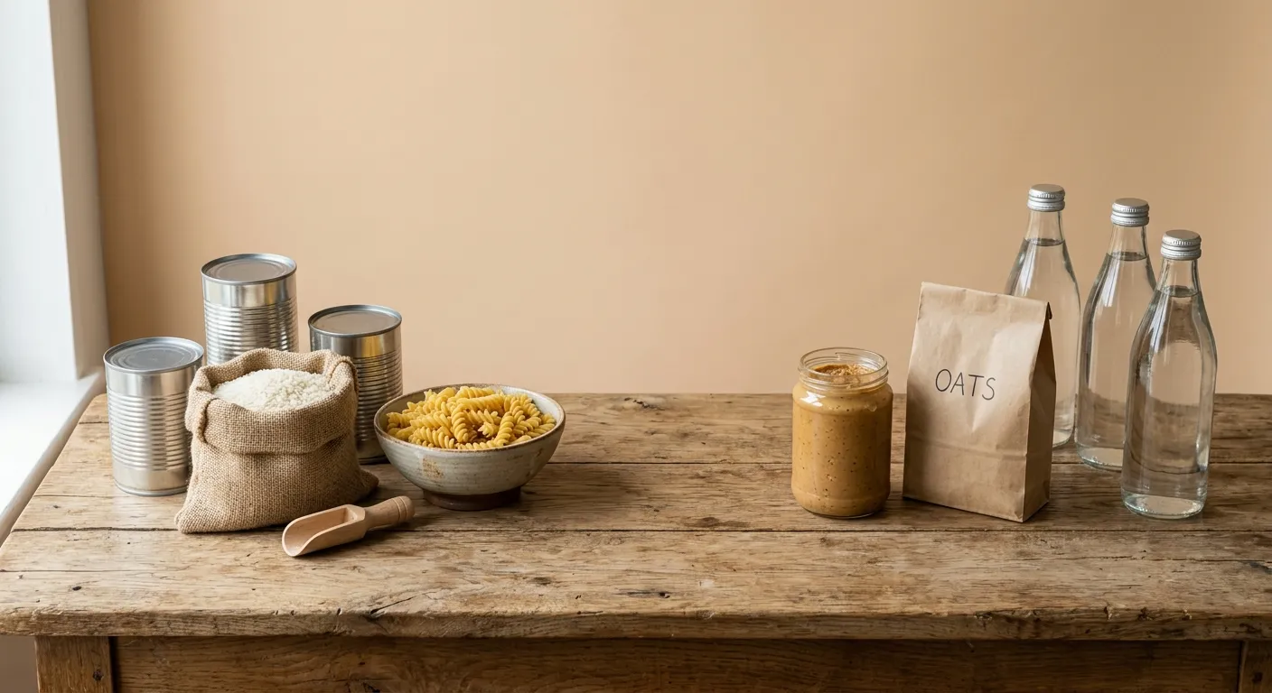 Kitchen table with tins, rice, pasta, peanut butter, oats and bottled water laid out as a pantry list