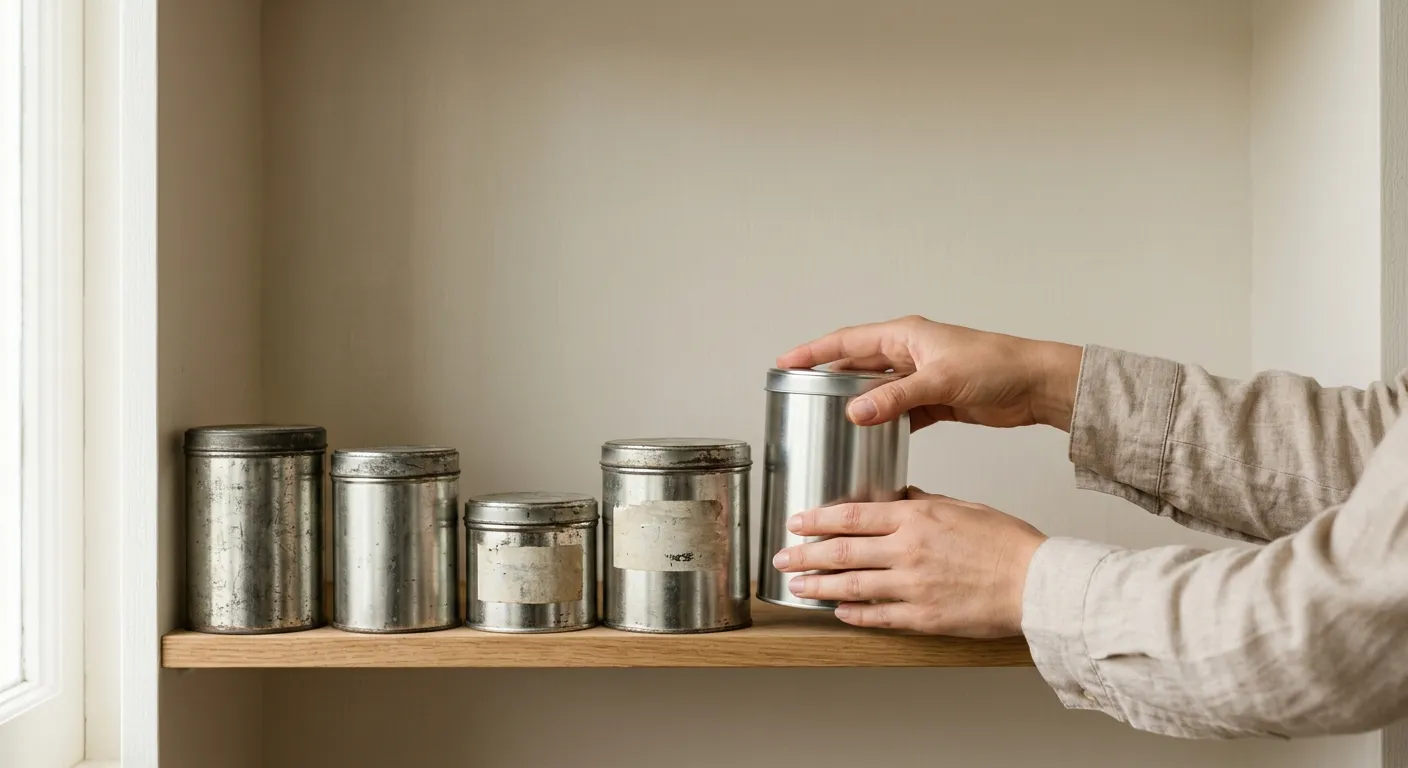 Hands placing a new tin at the back of a pantry shelf behind older tins
