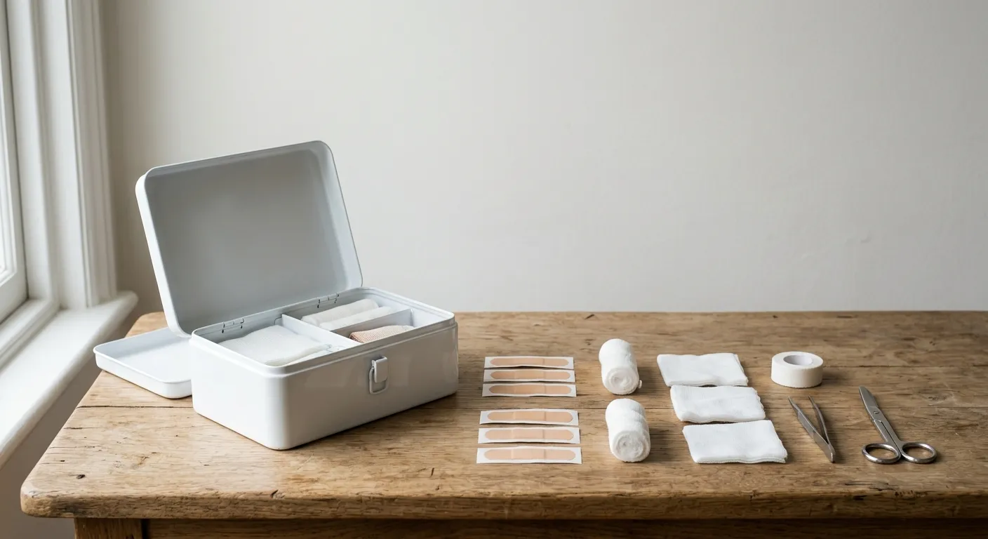 An open first aid box with plasters, bandages, gauze pads, tape and scissors laid out neatly