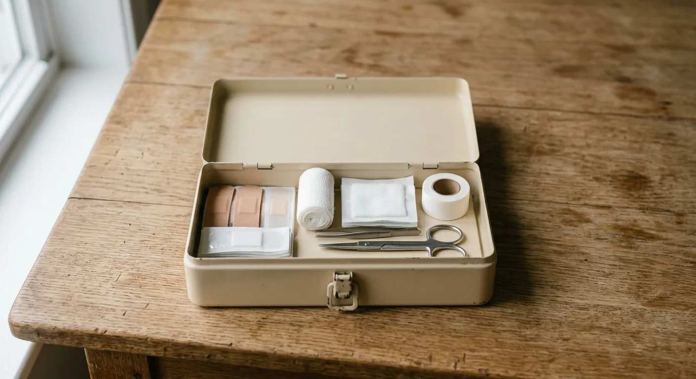 An open first aid box with plasters, gauze, tape, gloves and scissors laid out