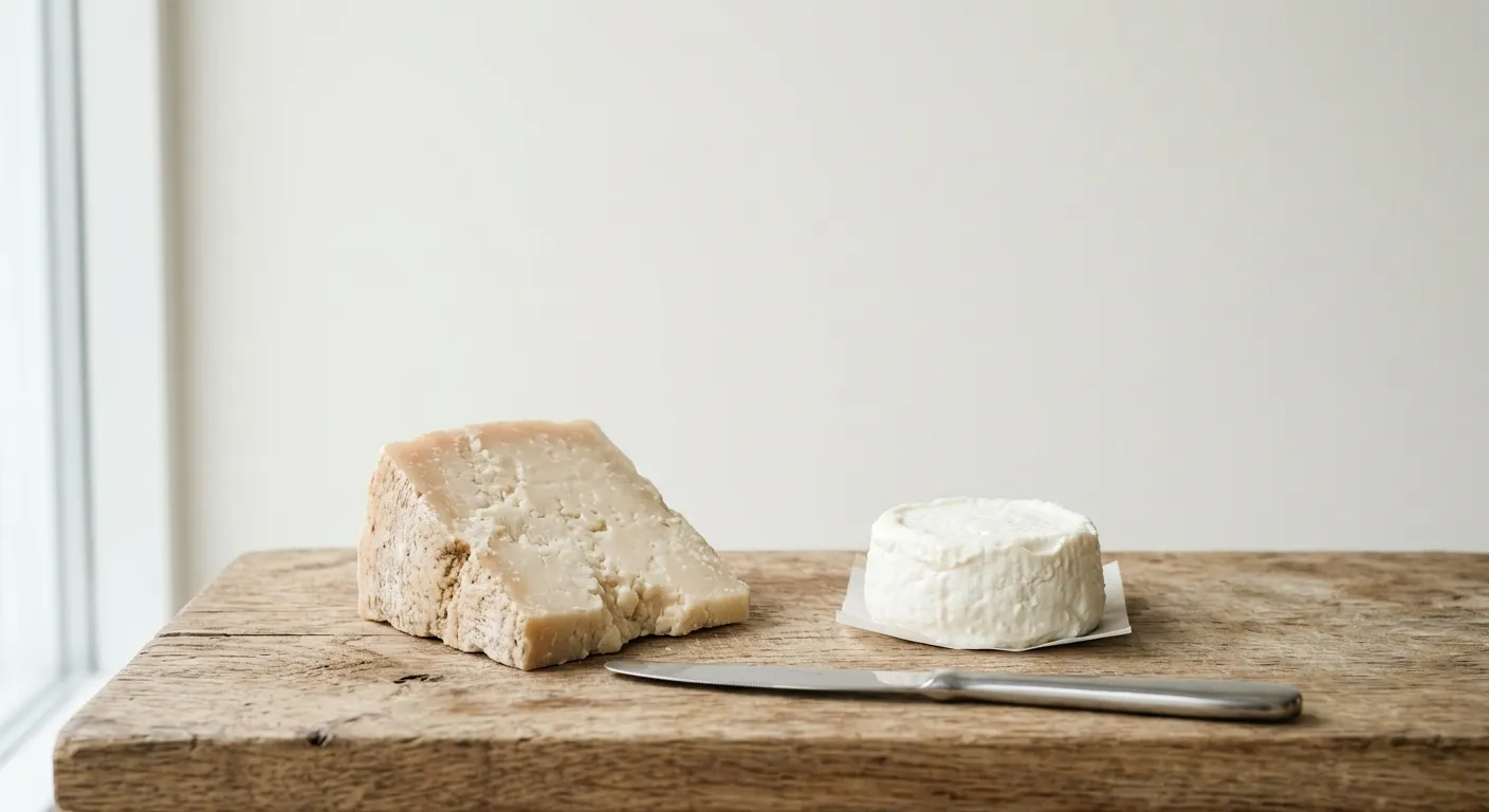 A wedge of hard cheese and a small round of fresh curd cheese on a wooden board