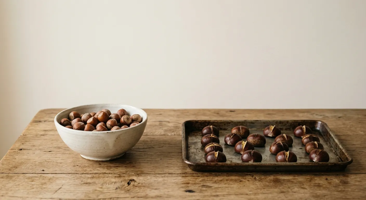 Hazelnuts in their shells in a bowl next to scored sweet chestnuts on a baking tray