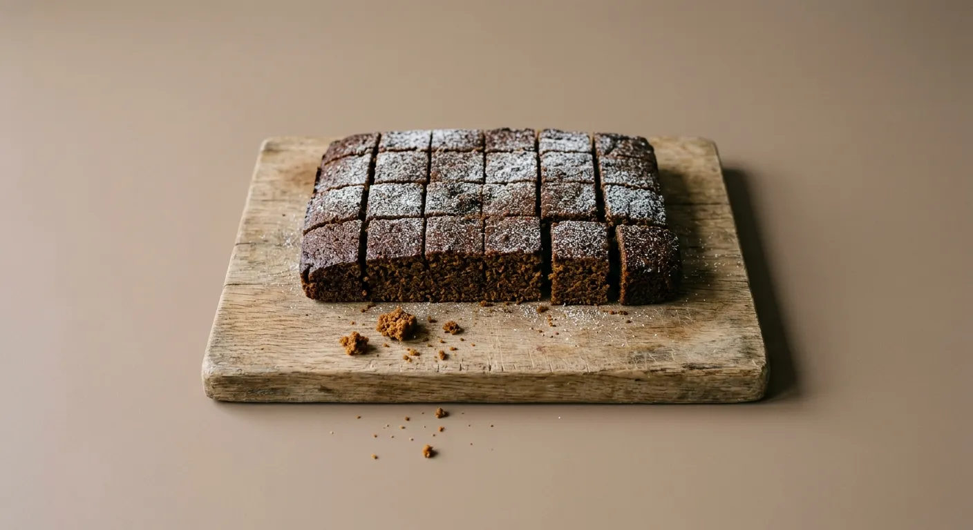 A dark slab of honey gingerbread cut into small squares on a board