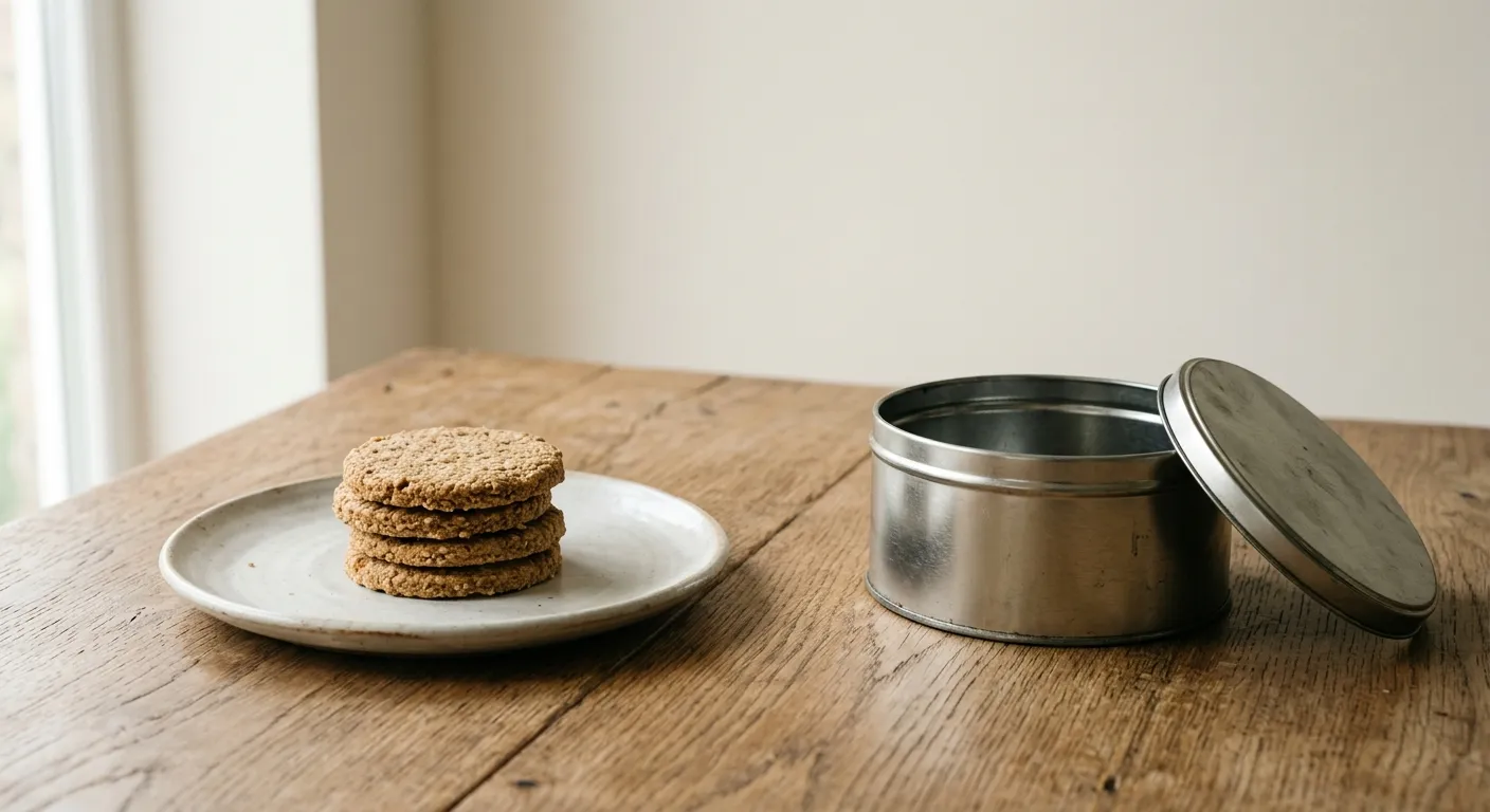 A small stack of plain oatcakes on a plate next to a metal tin