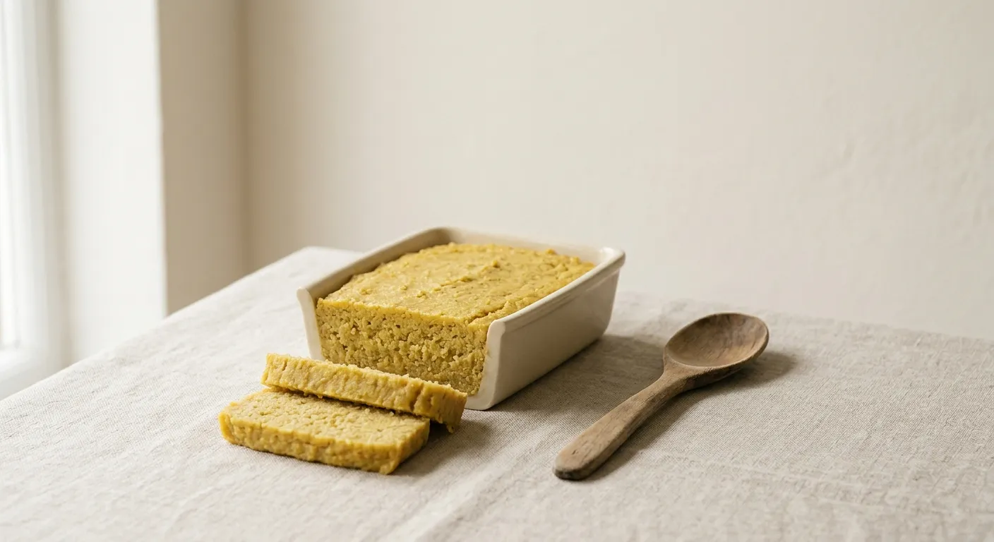 A sliced block of yellow pease pudding in a dish with a wooden spoon