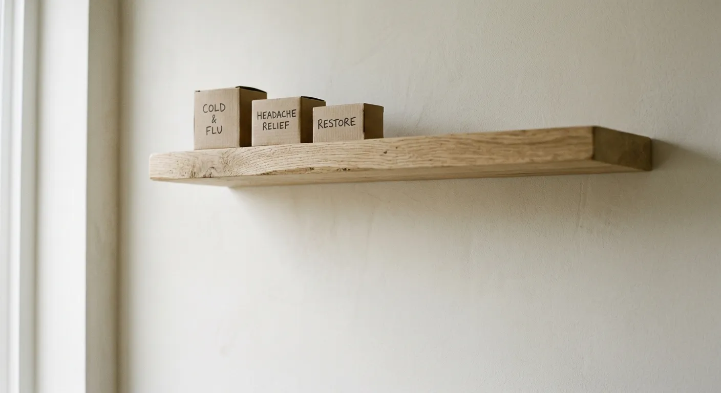 Closed medicine boxes on a high bedroom shelf away from a bathroom