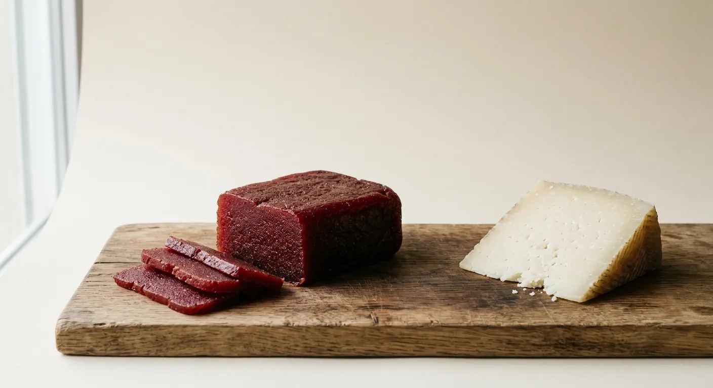 A block of deep red quince paste on a board with a few slices and a wedge of hard cheese