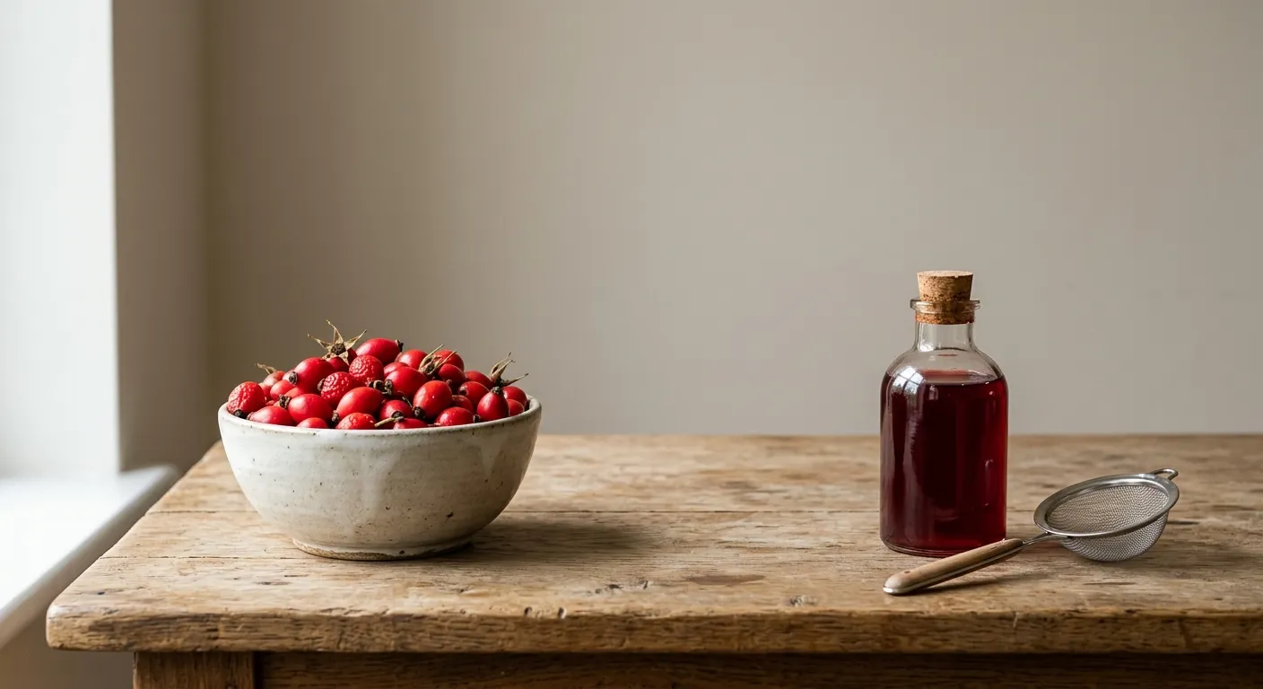 A bowl of red rose hips next to a small bottle of red syrup and a sieve