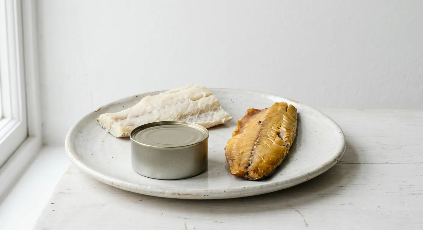 A piece of salt cod, a tin of fish and a fillet of smoked mackerel on a plate