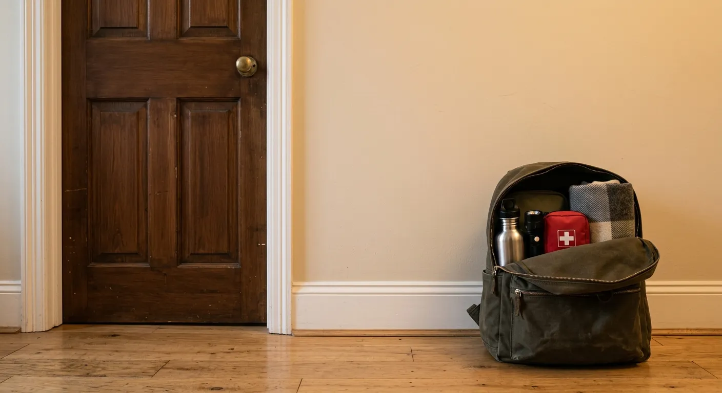 A backpack by a front door packed as a grab-and-go emergency bag