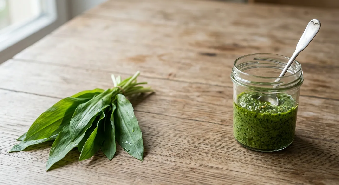 A small bunch of wild garlic leaves next to a jar of green pesto and a spoon
