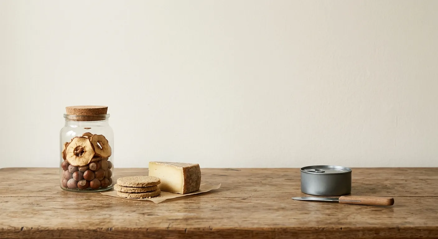 A kitchen table with a jar of dried apple rings, oatcakes, a wedge of cheese, hazelnuts and a tin of fish